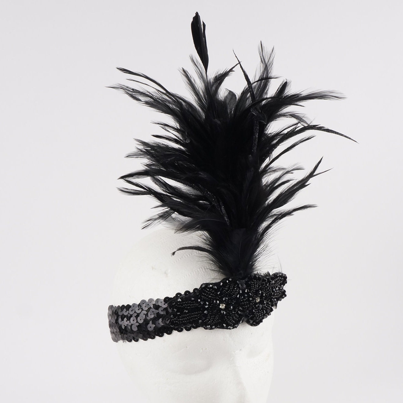 Black Flapper Headband w/Feather Spray Great Gatsby Harlem Nights