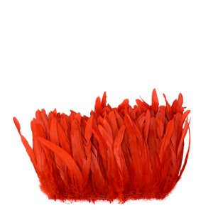 May include: A bunch of bright red feathers, arranged in a dense, fluffy cluster. The feathers are all the same size and shape, and they are arranged in a way that creates a soft, rounded shape.