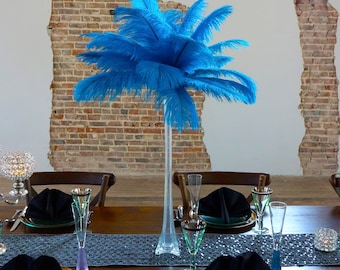TURQUOISE Ostrich Feather Centerpiece Sets CLEAR w/Eiffel Tower Vase For Great Gatsby Party, Special Event & Wedding Reception Decor ZUCKER®