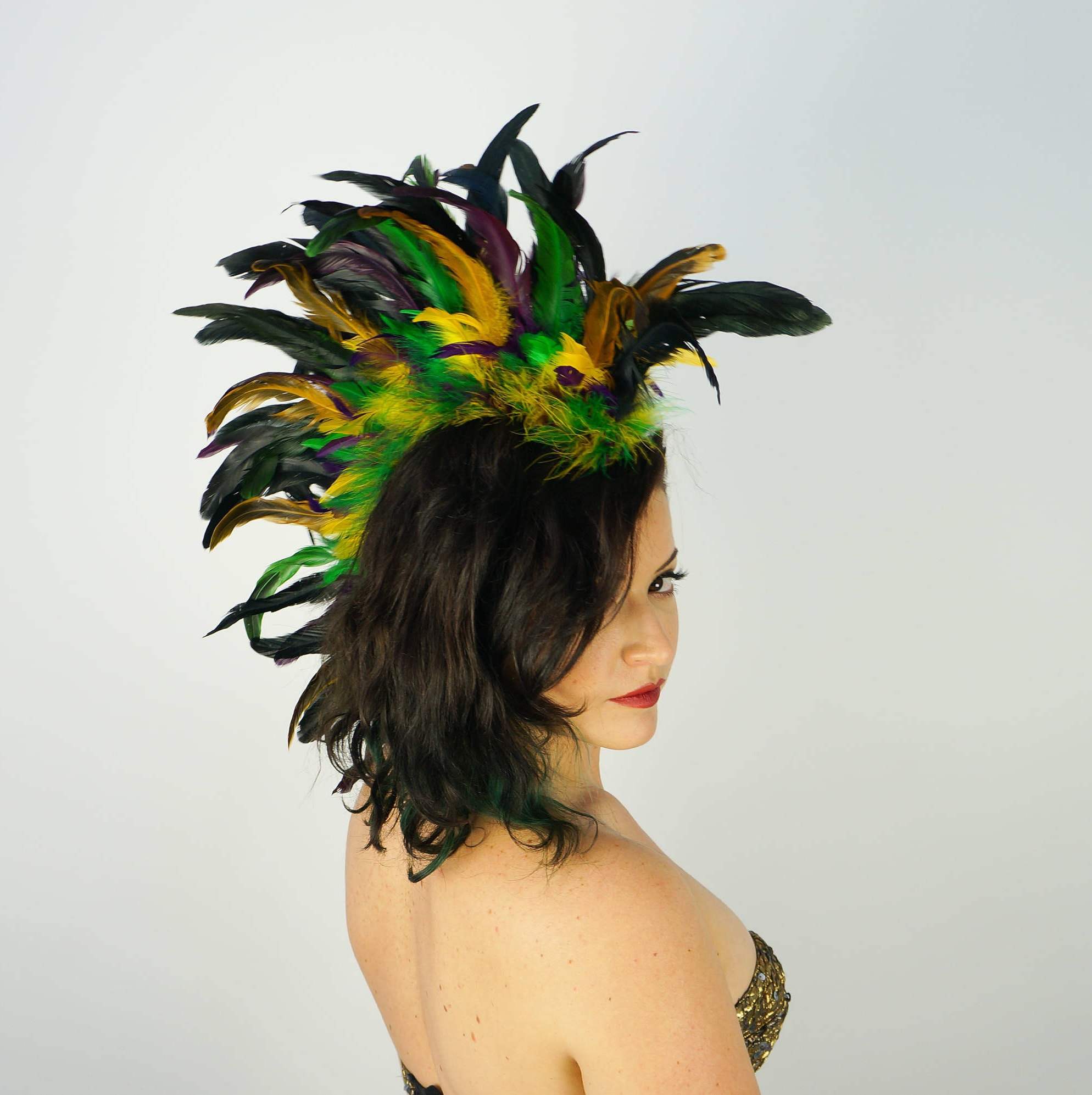 Mardi Gras Feather Mohawk Headdress for Festivals, Costumes, Halloween