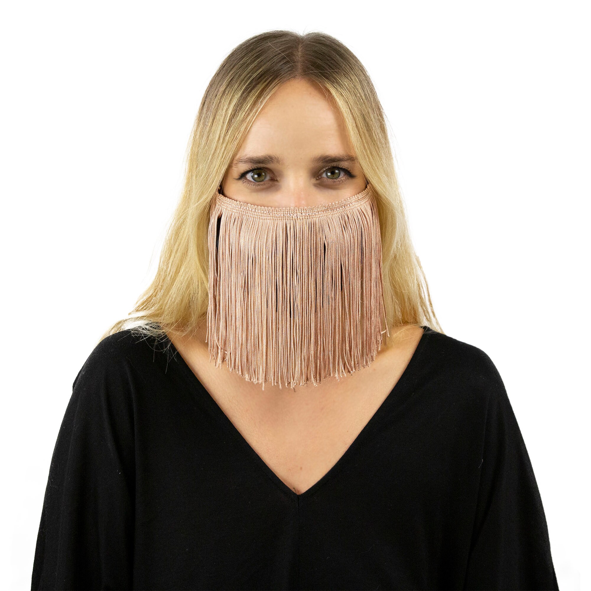 Fitted Fringe Mask, Champagne Blush Fringe Reusable Face Mask, Washable