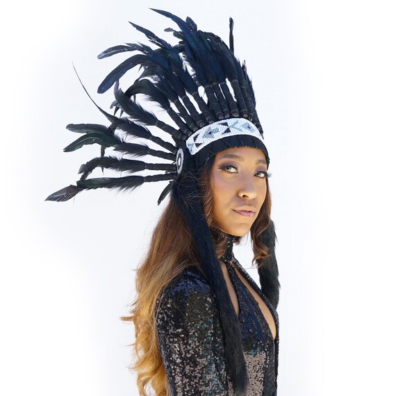 Feather Headdress Black Feather Headdress with Faux Fur and