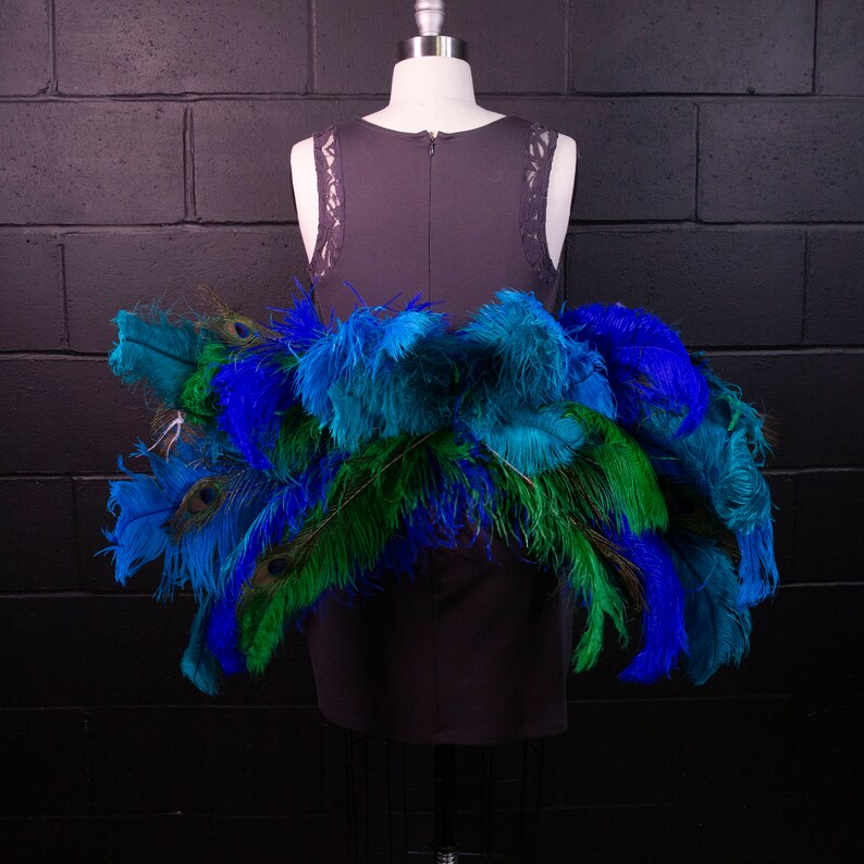 May include: A gray sleeveless dress with a blue and green peacock feather skirt.