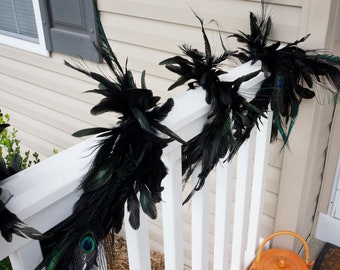 Decorative Peacock & Black Feather Garland for Halloween, Fall Decor, Thanksgiving, Unique Christmas and Holiday Decorative Garland ZUCKER®