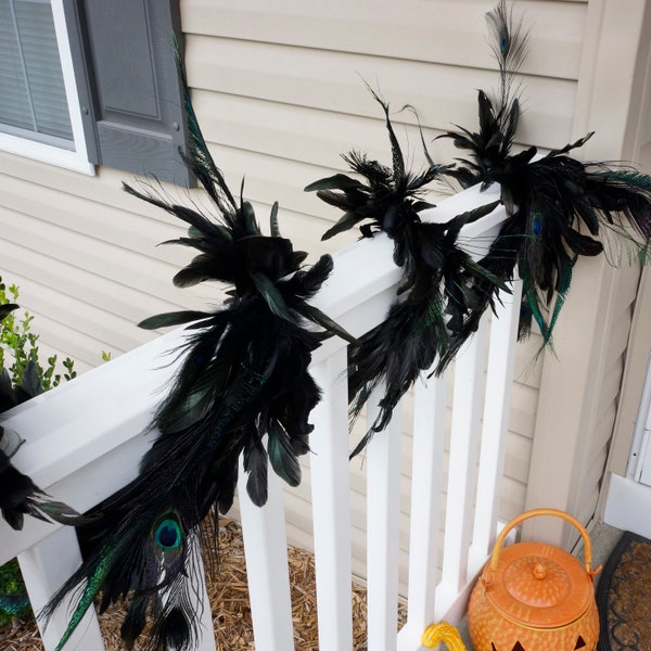 Decorative Peacock & Black Feather Garland for Halloween, Fall Decor, Thanksgiving, Unique Christmas and Holiday Decorative Garland ZUCKER®