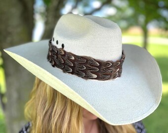 Tan Felt Fedora with Feather and Designer Monogram Band Fedora Wide Brim, Soft Tan / Beige Wool Felt. Black Wrap  main image 4