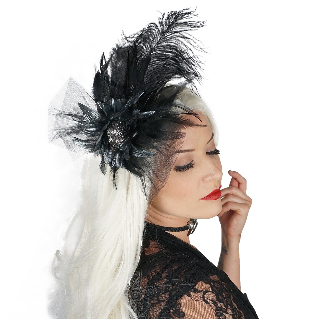 Black Feather Headband With Rhinestone Skull for Costume Parties ...