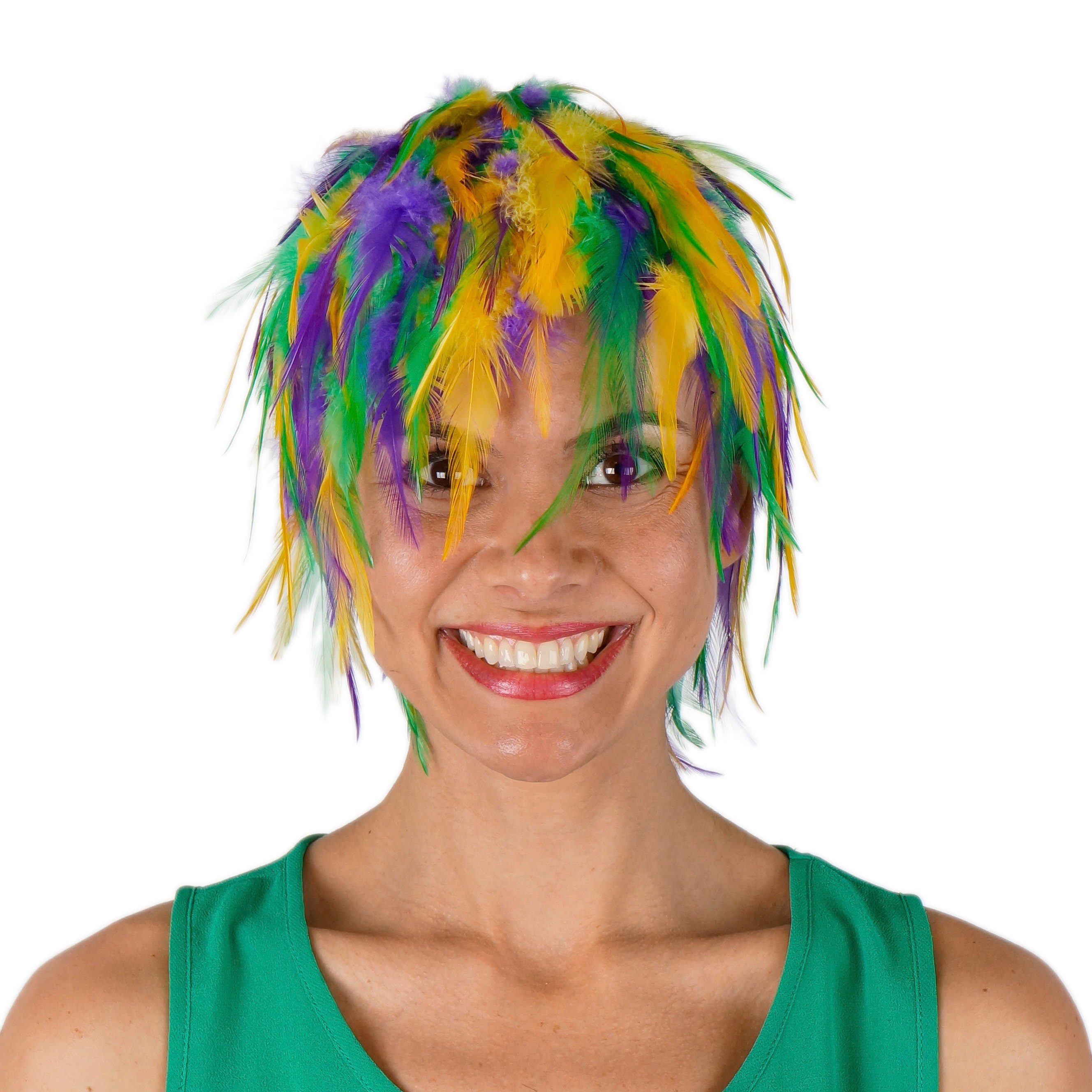 Mardi Gras Feather Wig, Dyed Rooster Hackle Wig, Costume Feather Wig