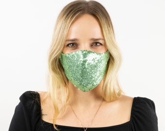 Fitted Face Mask, Green Sequin Reusable Face Mask, Washable, Halloween Sequin Mask, Fashion Face Mask, Face Covering ZUCKER®