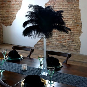 BLACK Ostrich Feather Centerpiece Sets CLEAR Eiffel Tower Vase - For Great Gatsby Party, Special Event & Wedding Reception Decor ZUCKER®
