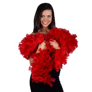 May include: A woman is holding a red feather boa in front of her. The boa is fluffy and has a lot of volume. The woman is smiling and looking at the camera.