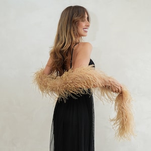 May include: A tan ostrich feather boa draped over a black dress. The boa is held in the hands and has a soft, fluffy texture. The dress is a simple, elegant design, suitable for formal events.