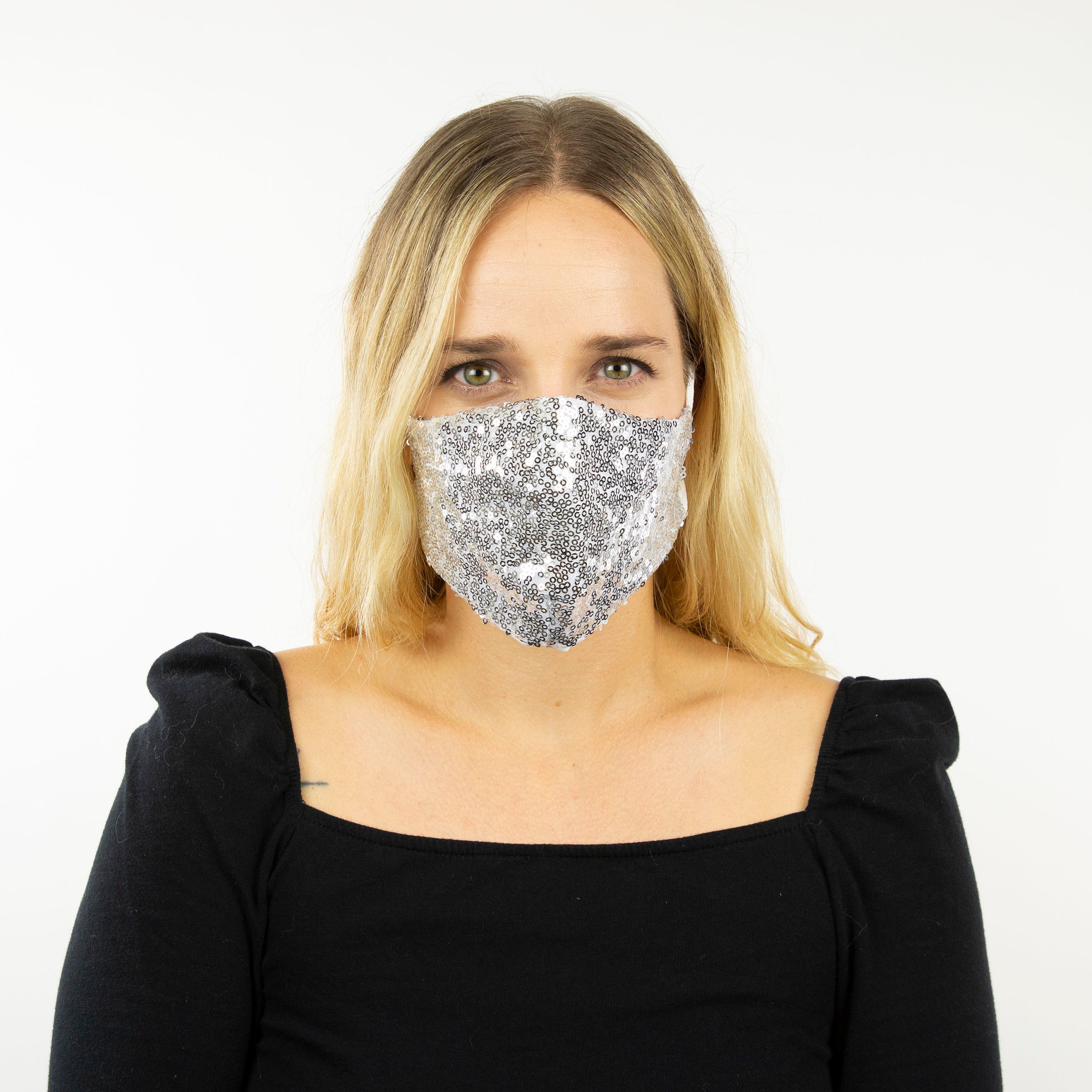 Fitted Face Mask, Silver Sequin Reusable Face Mask, Washable, Halloween
