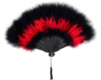 Red and Black Marabou Feather Fans, Small Feather Fan, Cheap Feather Fan For Photobooths, Costume Parties, Bachelorette & Halloween ZUCKER®
