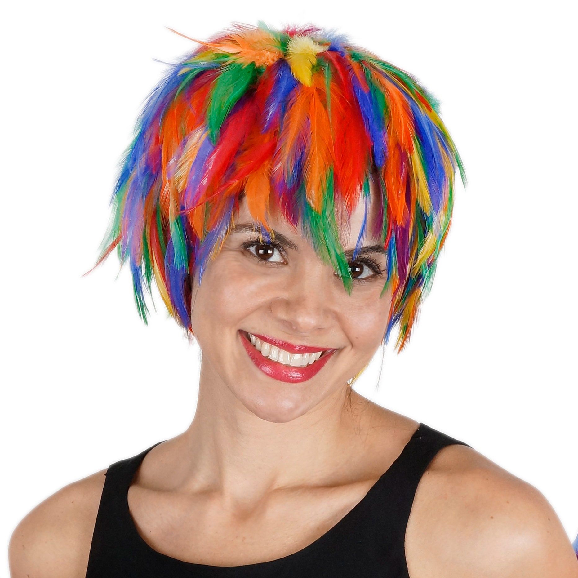 Rainbow Feather Wig, Dyed Rooster Hackle Wig, Costume Feather Wig for
