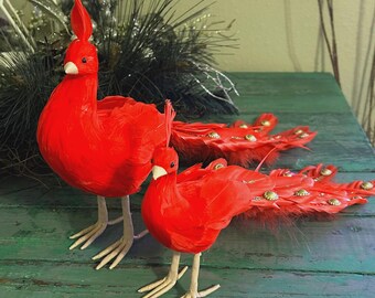 Red Feather Peacock Ornament, Gold Gem Glitter Accent, Christmas Decor 15"