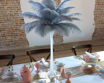 SILVER Ostrich Feather Centerpiece Set WHITE Eiffel Tower Vase - For Great Gatsby Party, Special Event & Wedding Reception Decor ZUCKER®