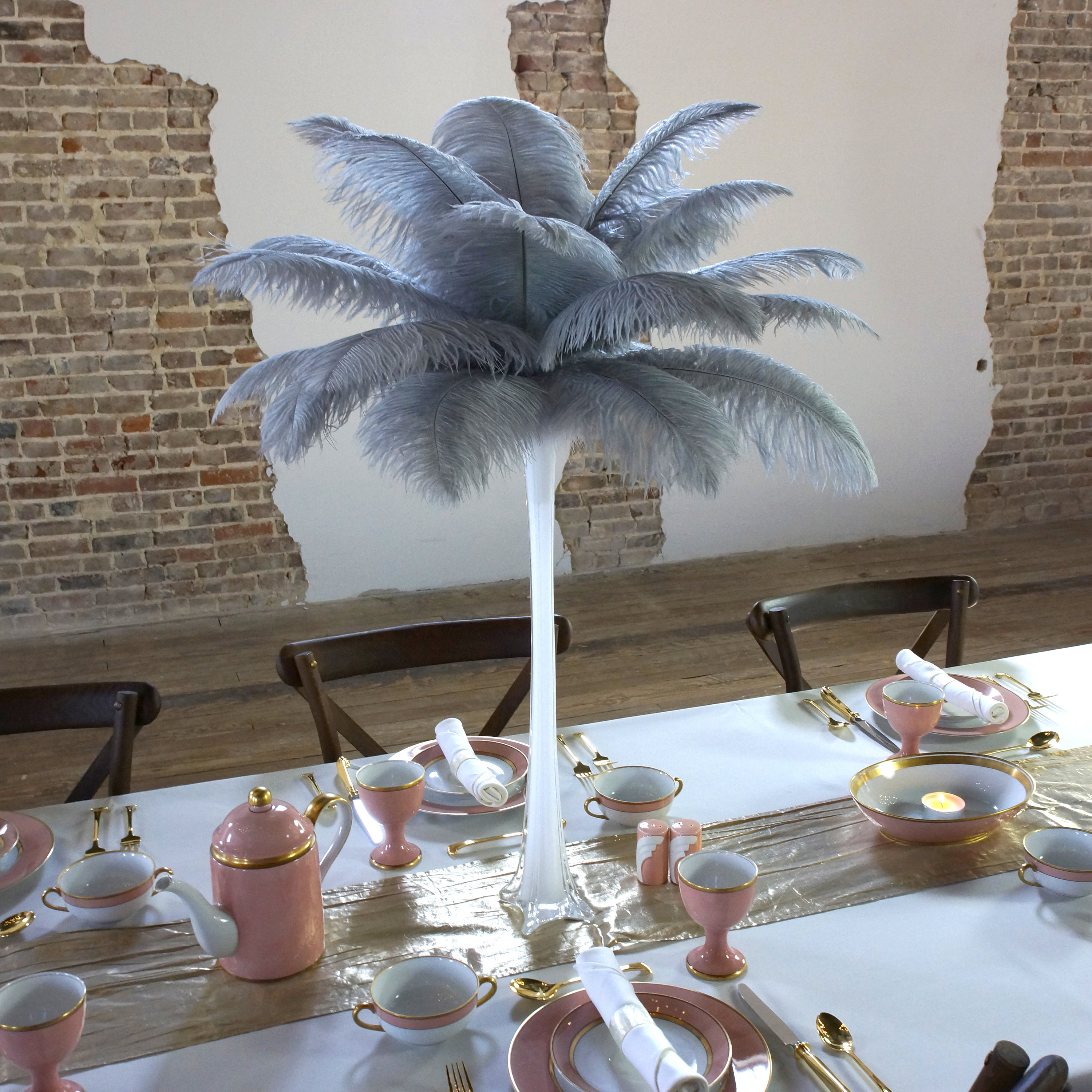 Silver Ostrich Feather Centerpiece Set White Eiffel Tower Vase