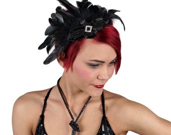 Black Feather Fascinator Accent with Rhinestone Details For Great Gatsby Roaring 20's, Halloween Costume & Fashion Accessory ZUCKER®