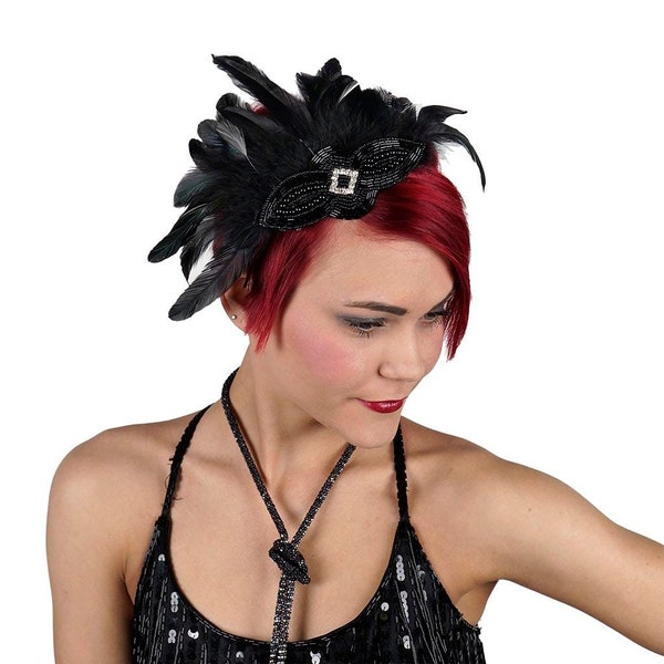 Black Feather Fascinator Accent with Rhinestone Details For Great Gatsby Roaring 20's, Halloween Costume & Fashion Accessory ZUCKER®