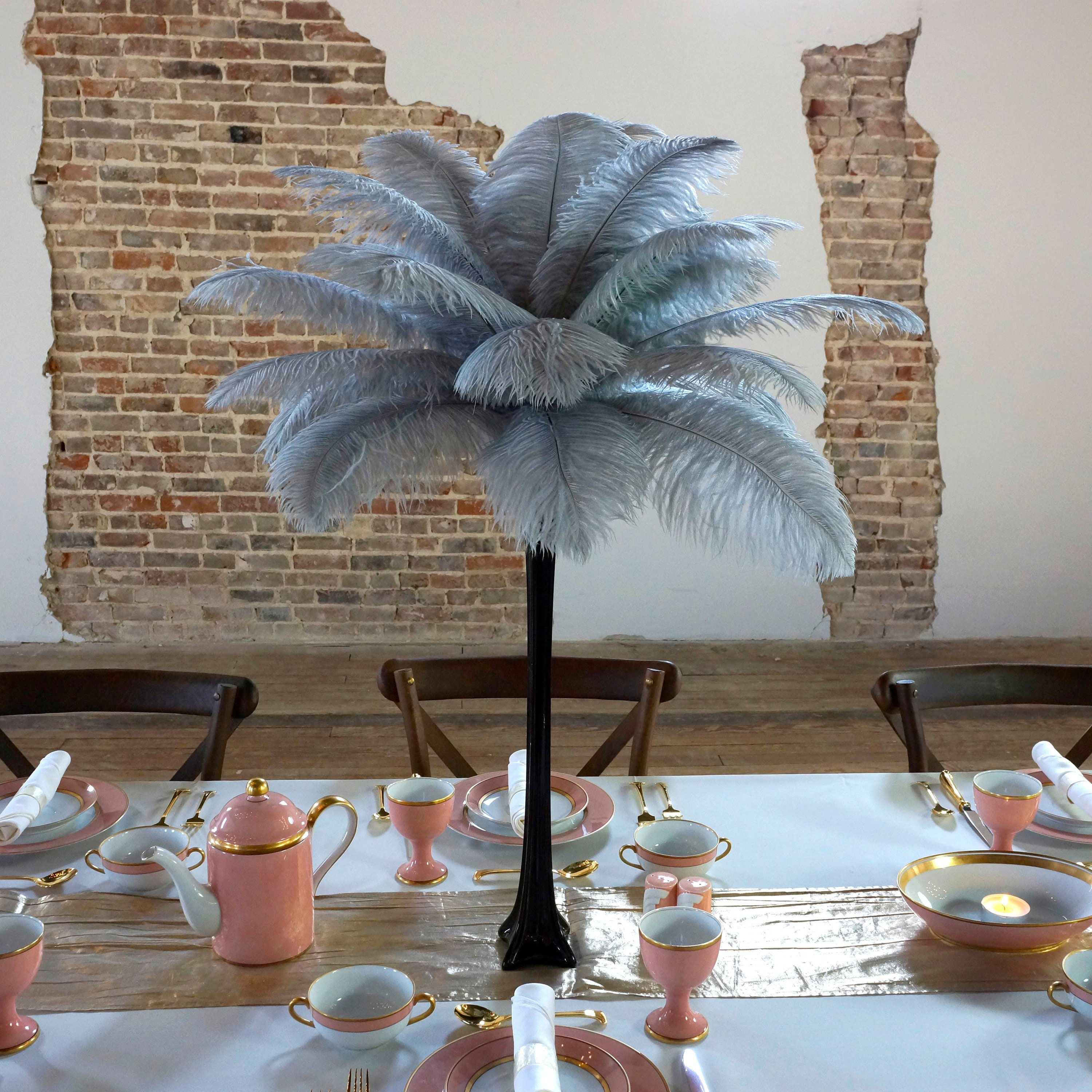 Silver Ostrich Feather Centerpiece Set With Black Eiffel Tower