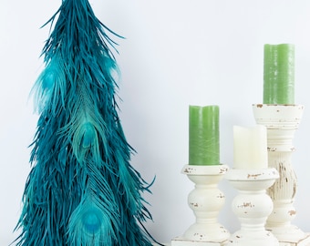 Aqua Blue Goose Biot Feather Tree w/Peacock, Decorative Feather Tree Sleeve, Christmas, Thanksgiving Decor ZUCKER® Original Designs
