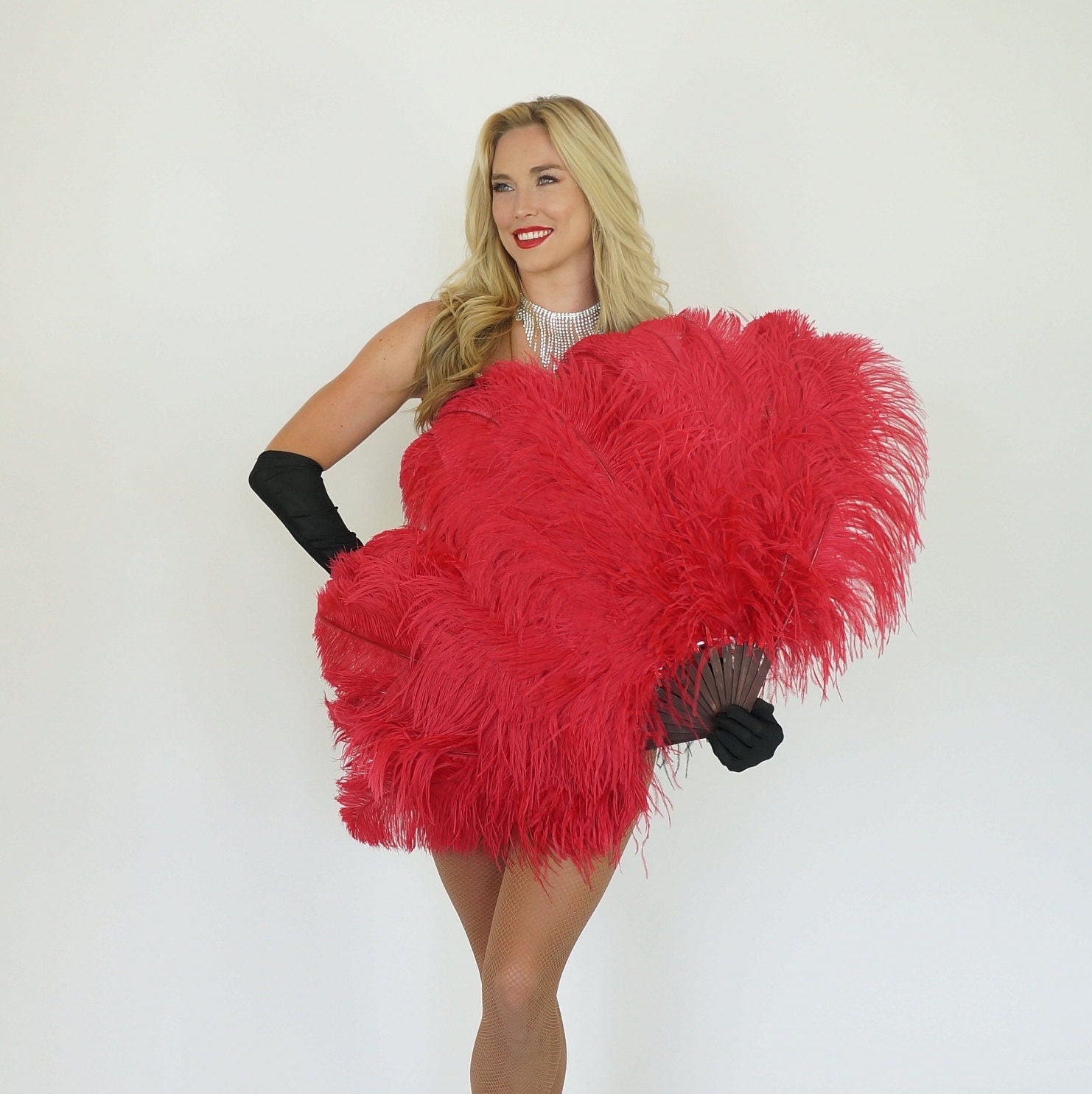 Large Red Ostrich Feather Fan, Feather Fan For Burlesque Fan Dance