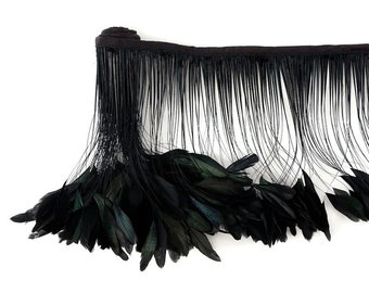 Black Iridescent Stripped Coque Feather Fringe, 4-6", Millinery Design 1 yard
