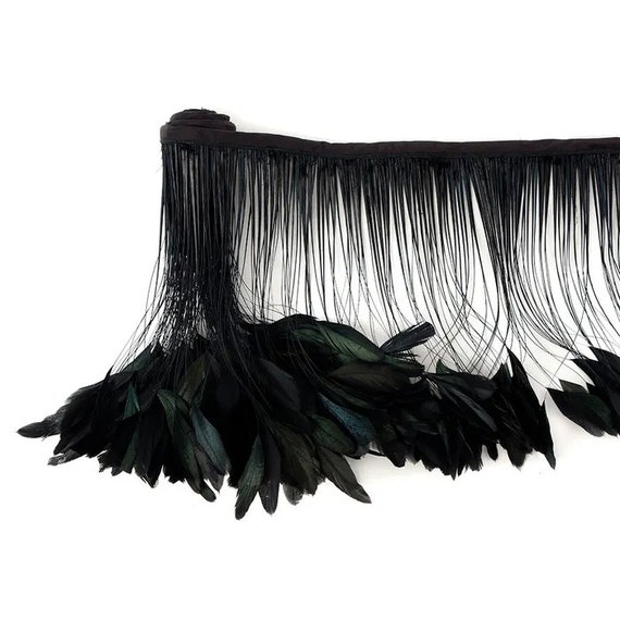 Black Iridescent Stripped Coque Feather Fringe, 4-6", Millinery Design 1 yard
