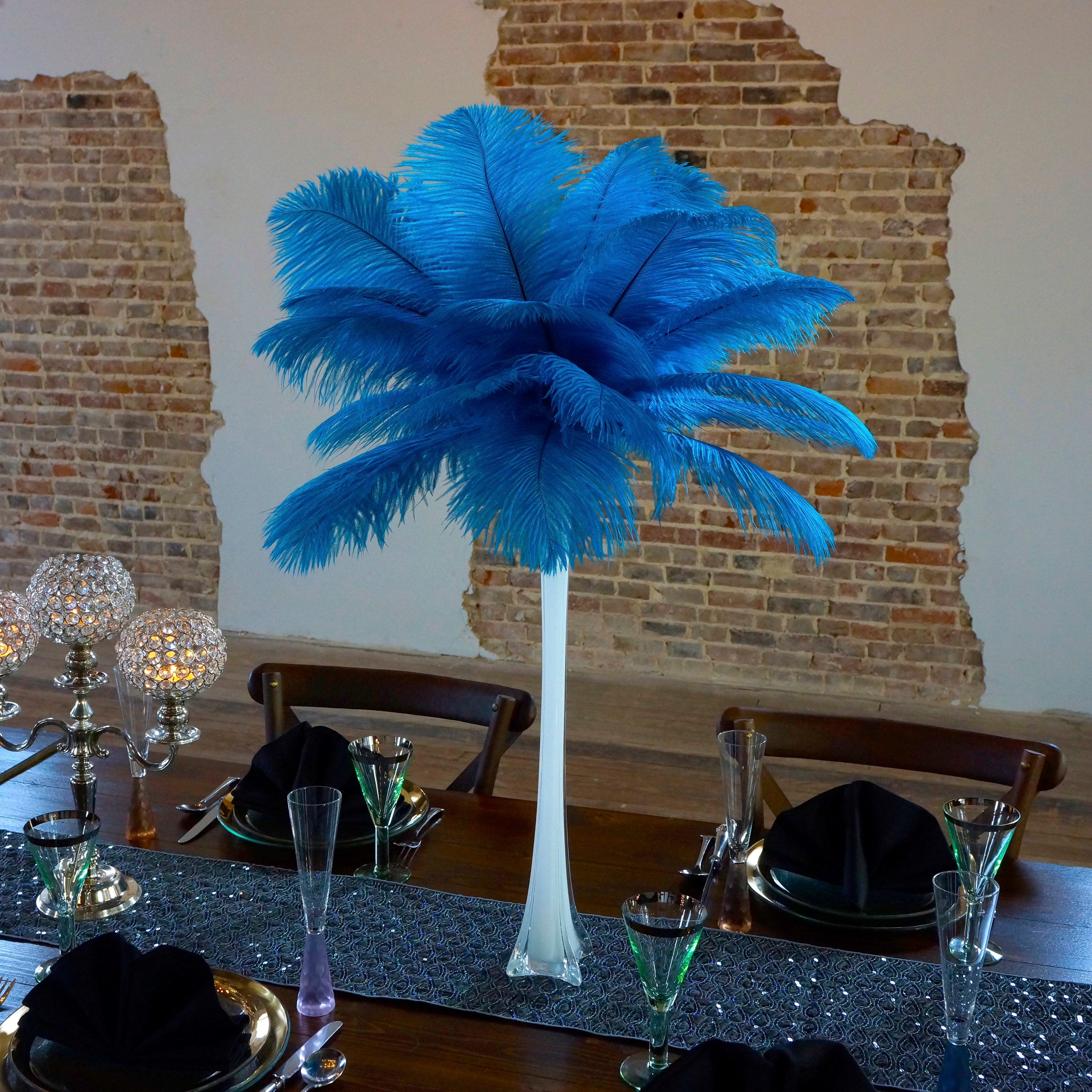 Elegant Feather Centerpiece on White Eiffel Vase