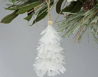 Decorative Mini Feather Tree Ornaments White w/Glitter Tips - Christmas Decor, Unique Holiday Decorative feather Ornaments ZUCKER®