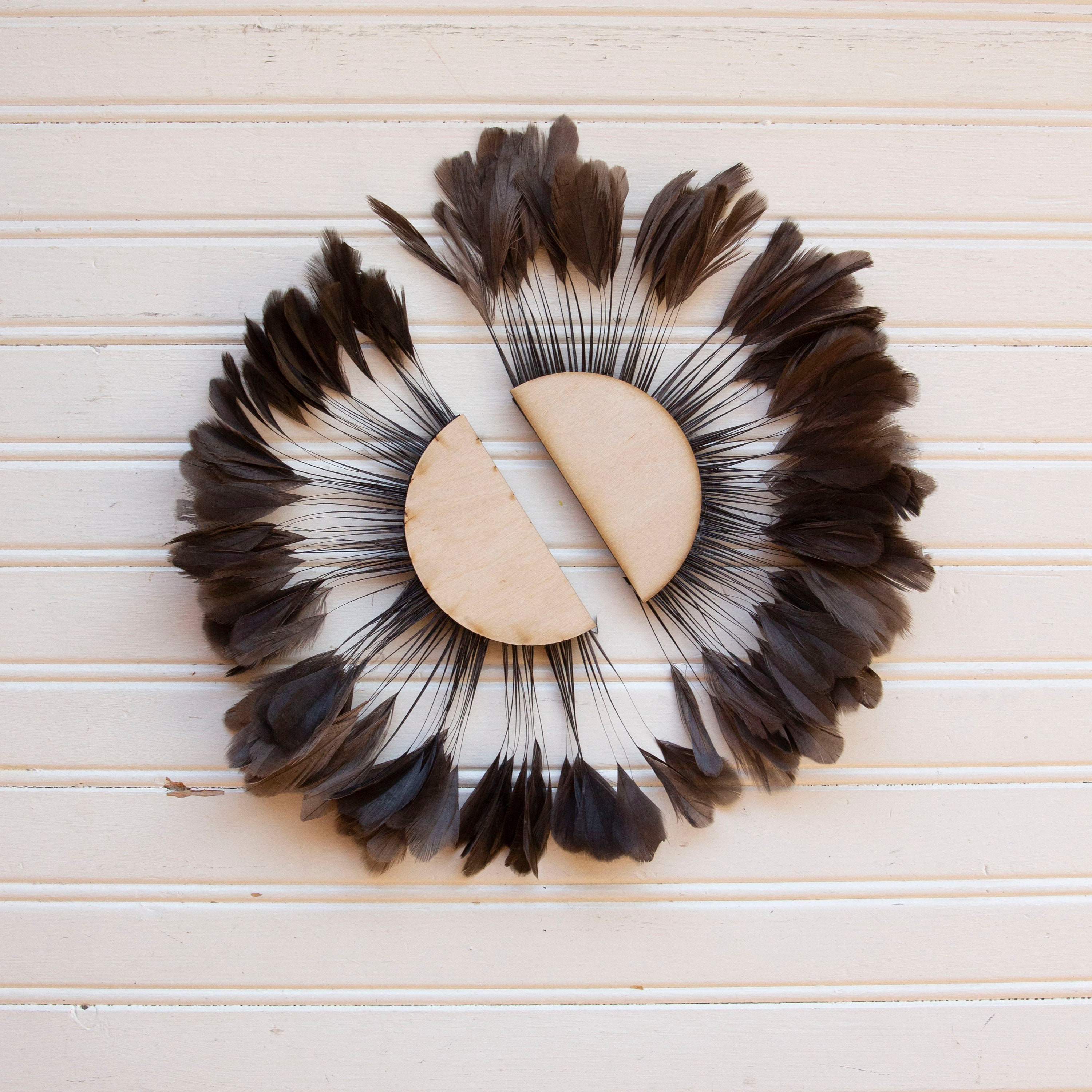 Unique Decorative Feather Wall Art Small Half Moon Set Brown Feather