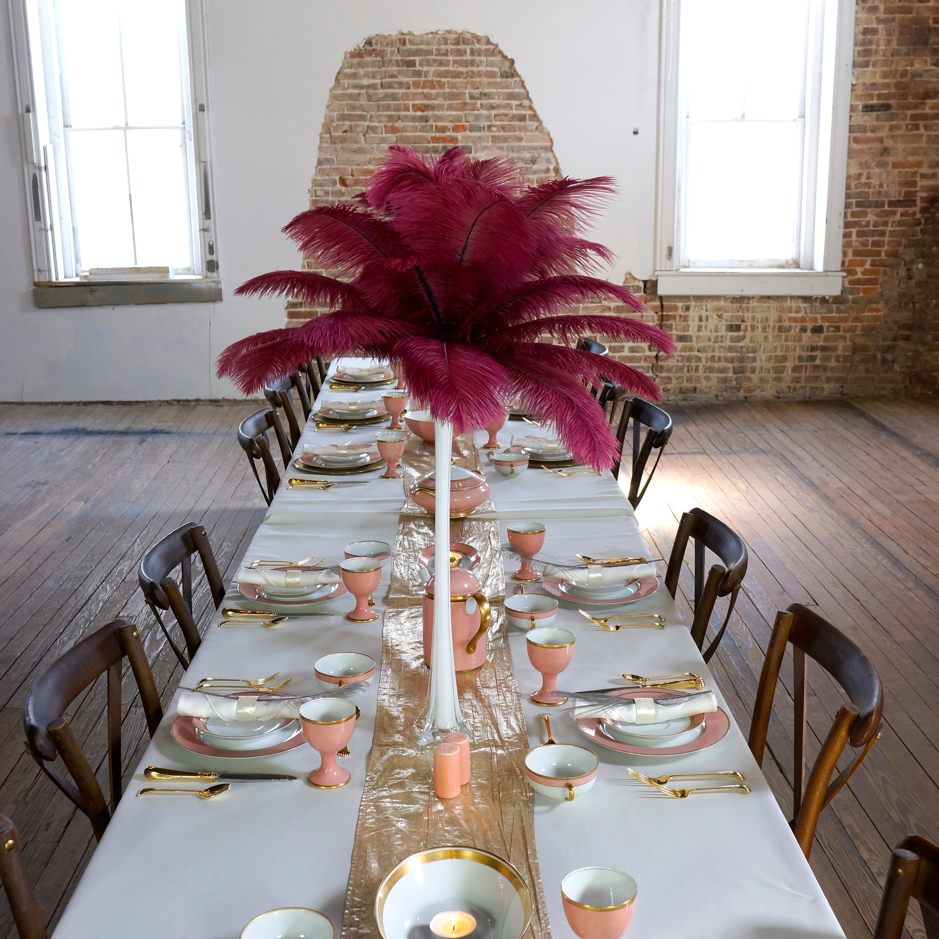 Burgundy Ostrich Feather Centerpiece Sets White Eiffel Tower