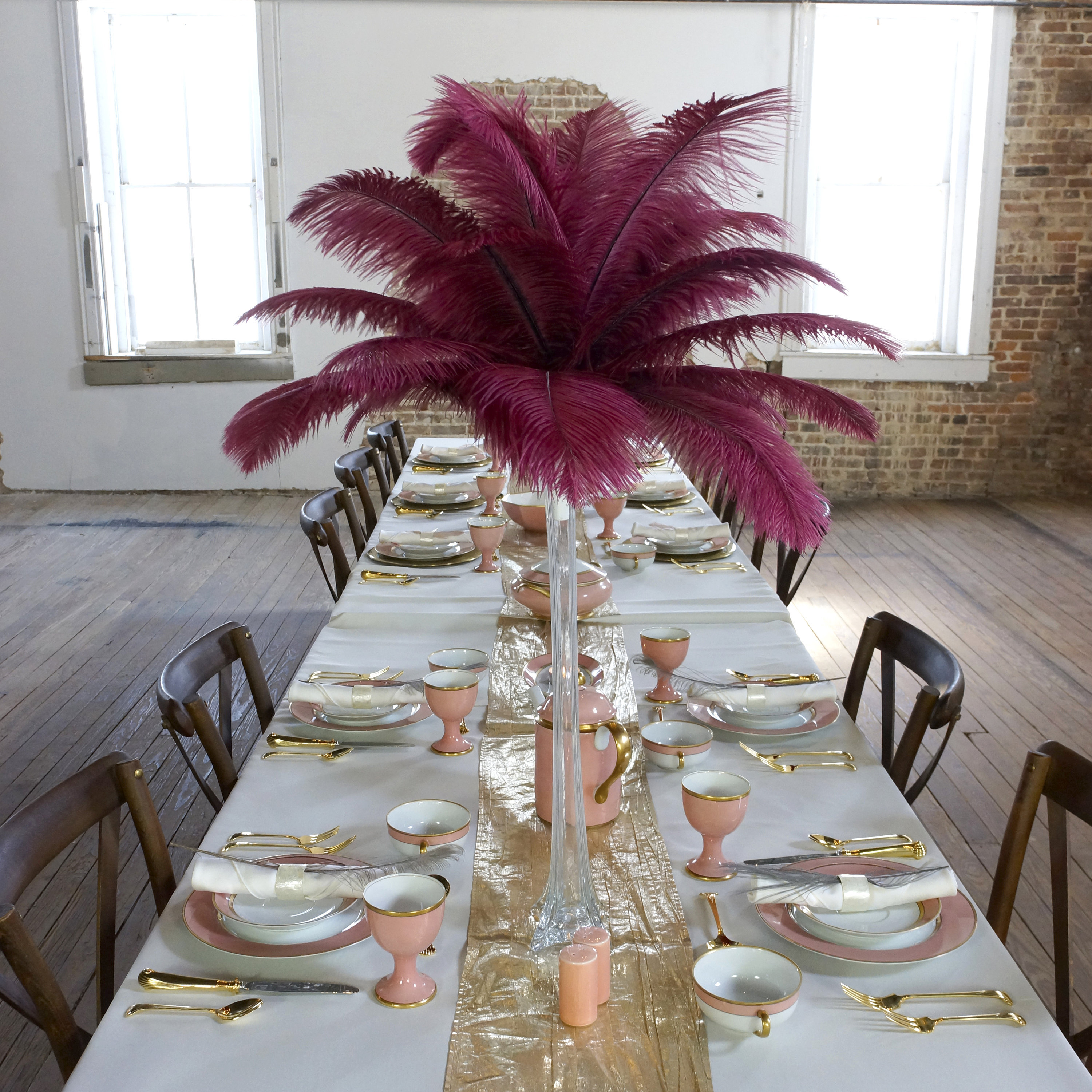 Burgundy Ostrich Feather Centerpiece Sets Clear Eiffel Tower