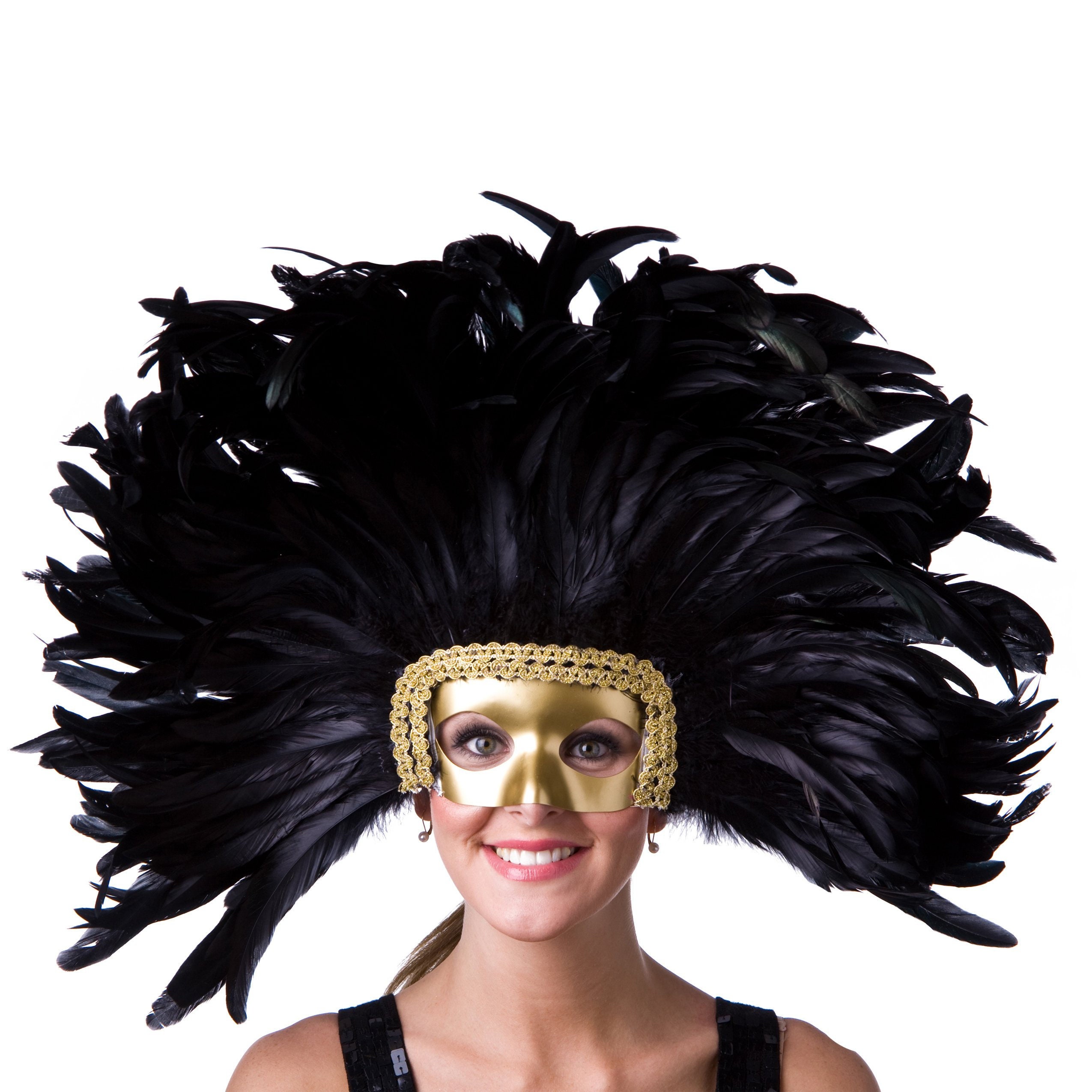 BLACK Feather Headdress with Gold Removable Masquerade Mask Cultural