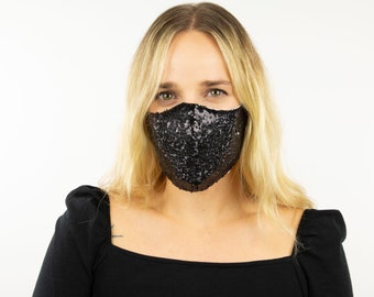 Fitted Face Mask, Black Sequin Reusable Face Mask, Washable, Halloween Sequin Mask, Fashion Face Mask, Face Covering ZUCKER®