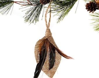 Decorative Feather Ornament - Burlap Tear Drop with Natural Feathers - Christmas Decor, Unique Holiday Decorative Ornament ZUCKER®
