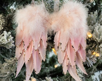 Rose Gold Feather Wing Ornament with Glitter Accents for Christmas Tree, Special Events, Gift Wrapping, Pink Christmas Decoration ZUCKER®