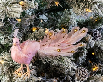 Rose Gold Feather Peacock Ornament with Glitter Accents for Christmas Tree, Special Events, Gift Wrapping, Pink Christmas Decoration ZUCKER®