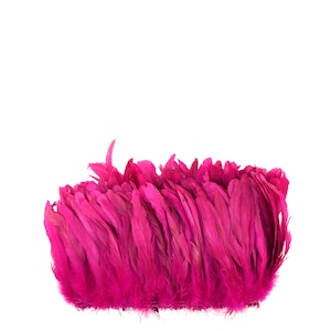 May include: A bunch of bright pink feathers, arranged in a row, against a white background.