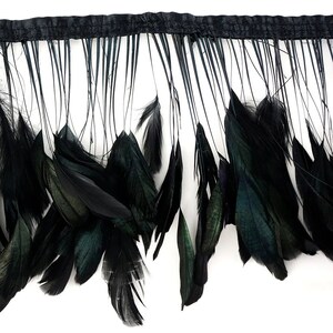 May include: Black feather fringe trim with a woven top edge. The feathers have a slight iridescent sheen, adding depth to the solid black color. The fringe is densely packed with feathers of varying lengths, creating a textured look.