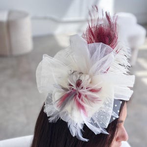 Ivory and Burgundy Vintage Inspired Feather Fascinator with Tulle Bow & Flower For Weddings, Special Events, Derby and Costume Party ZUCKER®