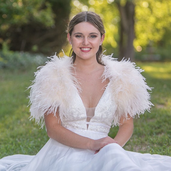 Athena Crystal Couture Vintage Inspired Ivory Ostrich Feather Bridal Shrug Wrap