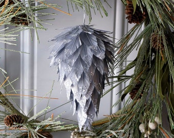 Silver Decorative Pine Cone Feather Ornament with Glitter Details Christmas Decor, Unique Holiday Decorative Ornaments ZUCKER®