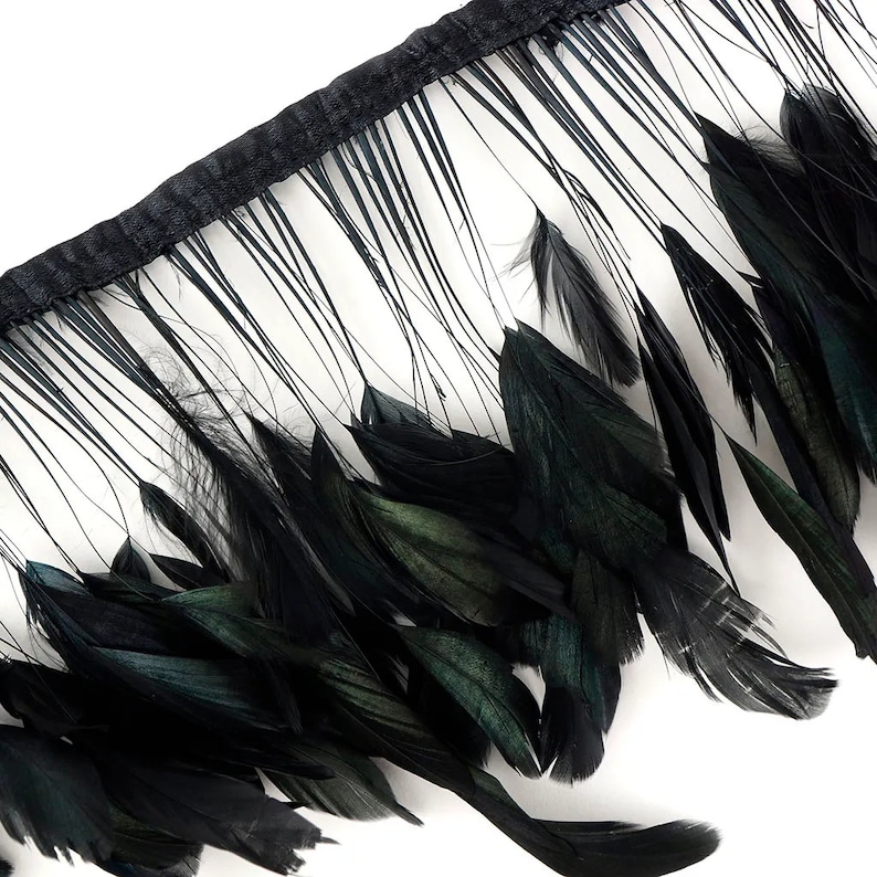 May include: Close-up of a black feather fringe trim. The trim features a black fabric base with long, thin, black feathers and larger, more substantial black feathers with hints of green. The feathers are arranged in a layered pattern.