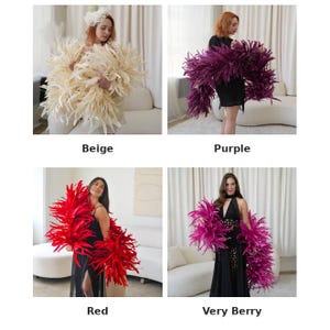 May include: Four images showcasing feather boas in various colors: beige, purple, red, and very berry. Each boa is worn by a person. The text labels each boa's color. The boas appear fluffy and voluminous, adding a dramatic flair to the outfits.