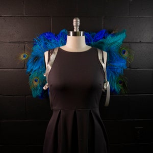May include: A black dress with a pair of blue and green peacock feather wings attached to the back.