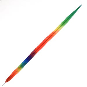 May include: A long, slender, rainbow-colored feather against a white background. The feather transitions from red to orange, yellow, green, and blue. The feather is likely used for decorative purposes.