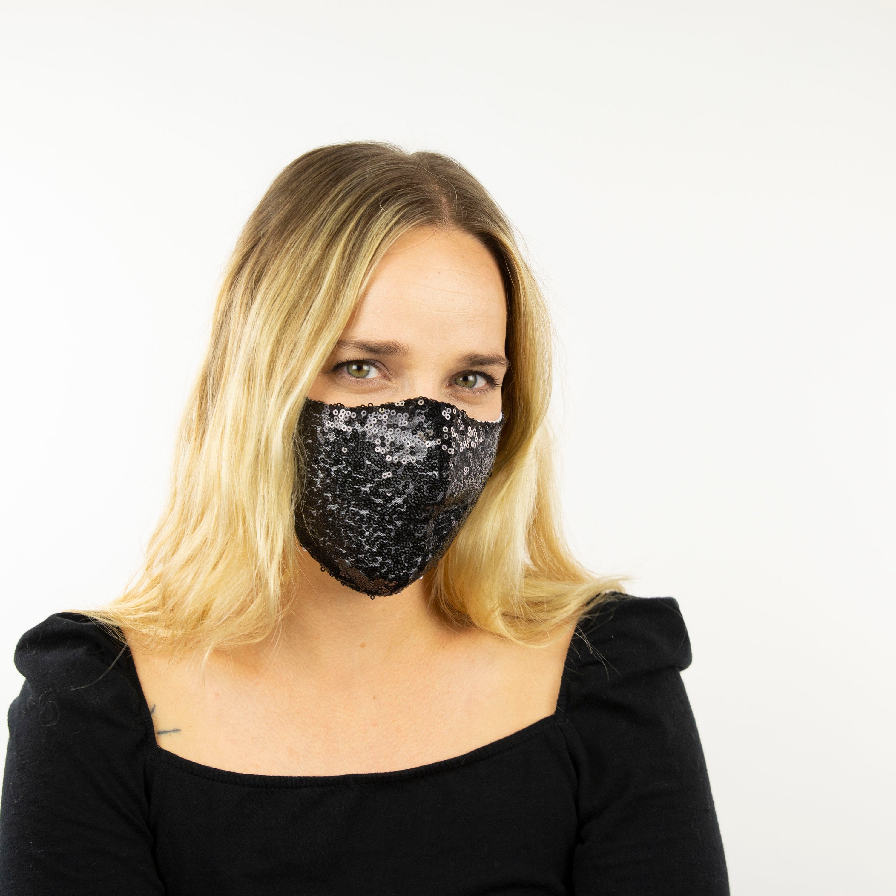 Fitted Face Mask, Black Sequin Reusable Face Mask, Washable, Halloween