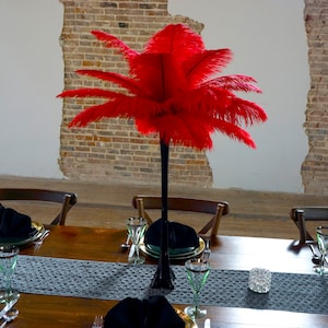 RED Ostrich Feather Centerpiece Sets with BLACK Eiffel Tower Vase - For Great Gatsby Party, Special Event & Wedding Reception Decor ZUCKER®